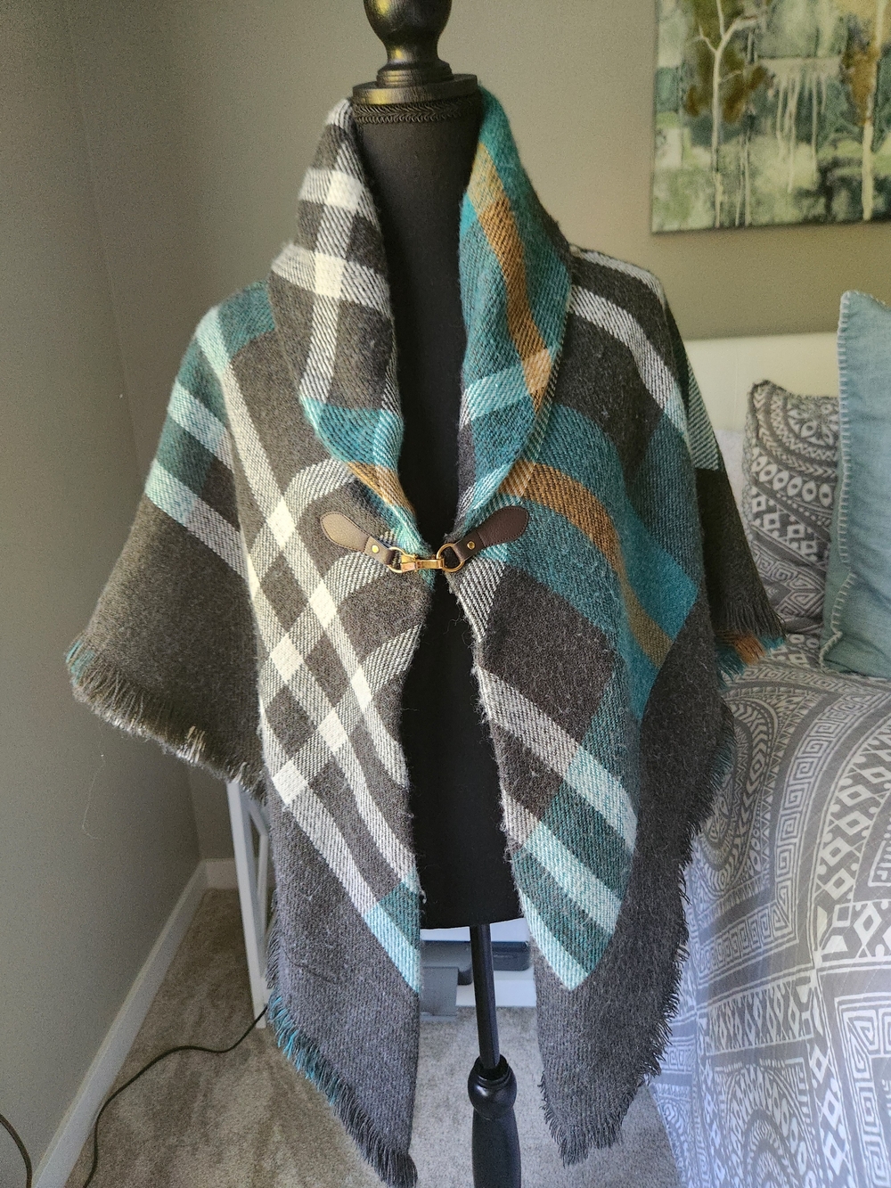 Teal and Gray Plaid Shawl Wrap with Toggle Closure